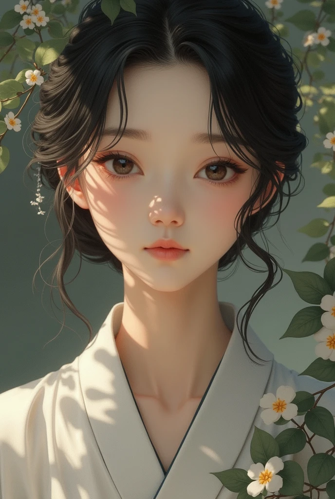 An elegantly dressed Japanese woman in natural light、A close-up of her chest and calm expression.、It shows her inner peace and outer charm.。