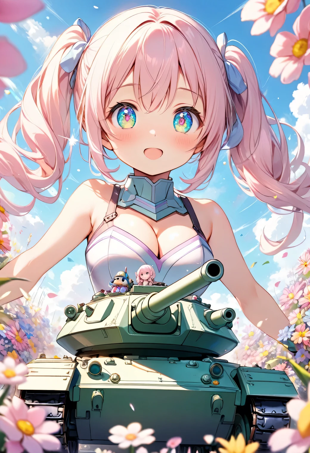 an image of a tiny, adorable toy armored tank driven by a young girl with big, sparkling eyes and pigtails, middle-breast, cleavage, painted in pastel colors, surrounded by flowers, low-angle view, detailed tank, tank focus