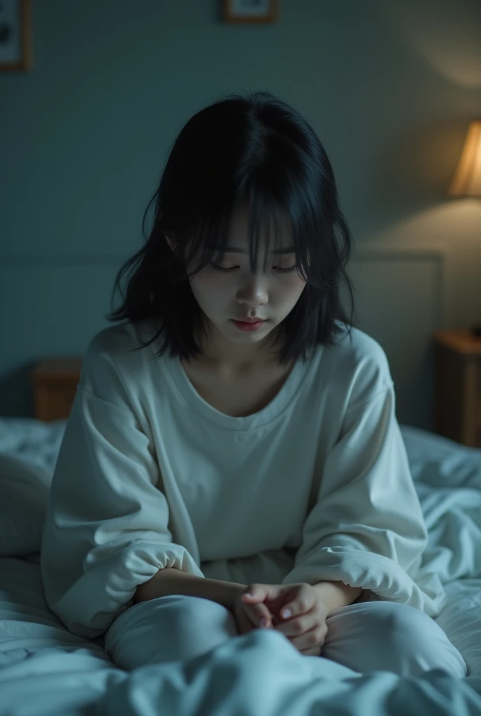 Scene of self-blame:Xiaofang sits alone on the bed,Head down,Her expression is full of remorse and stubbornness.。