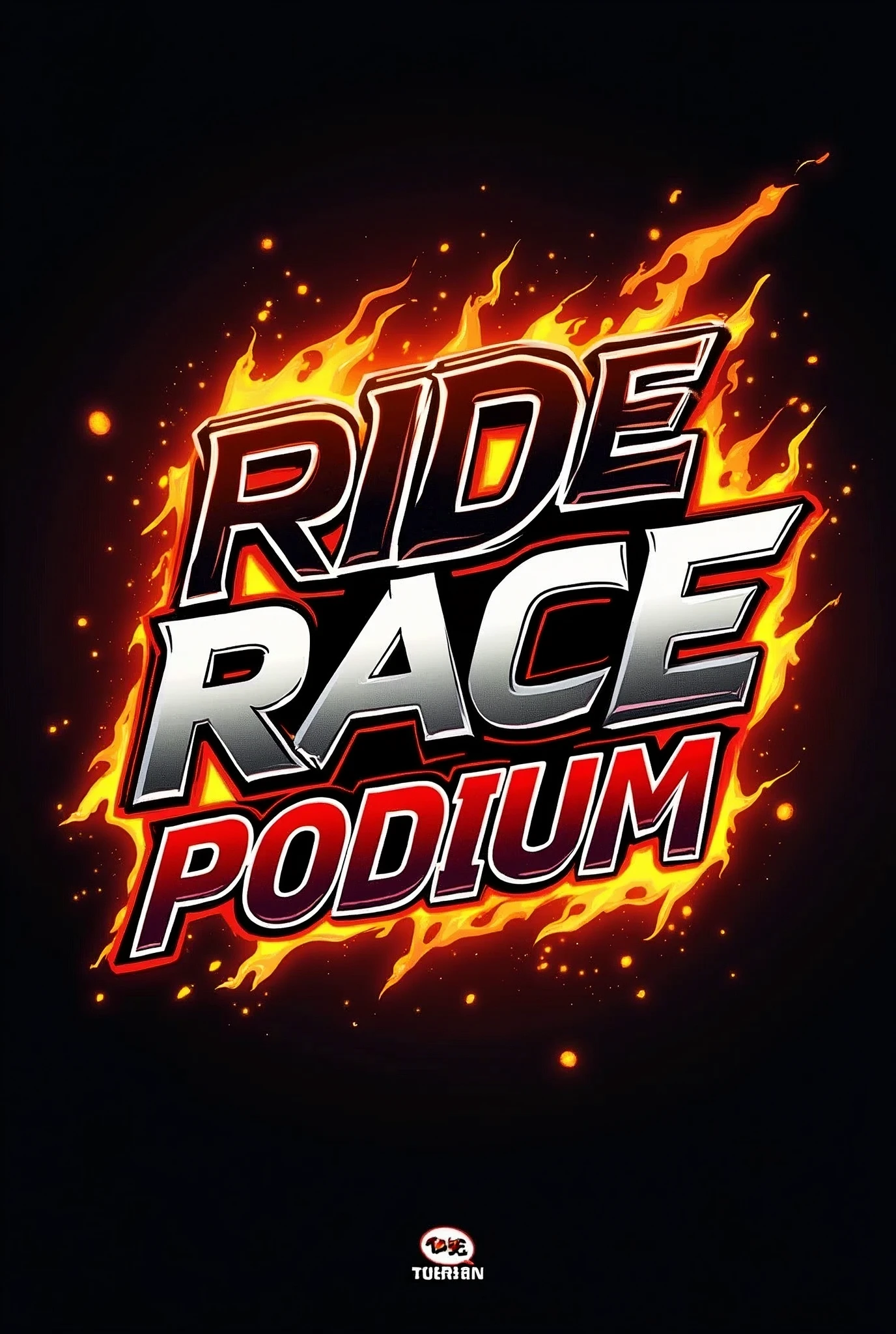 logo using 3 word RIDE, RACE and PODIUM. with blazing background.