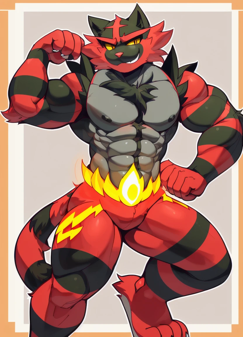 (masterpiece,Highest quality,Very detailed,Perfect Anatomy),kemono,Sharp focus, From null-ghost,alone,Humanity,Muscular,pokemon,Incineroar,Beautiful eyes,naked,,Looking down,very low angle,Blushing,Place hands on hips,penis