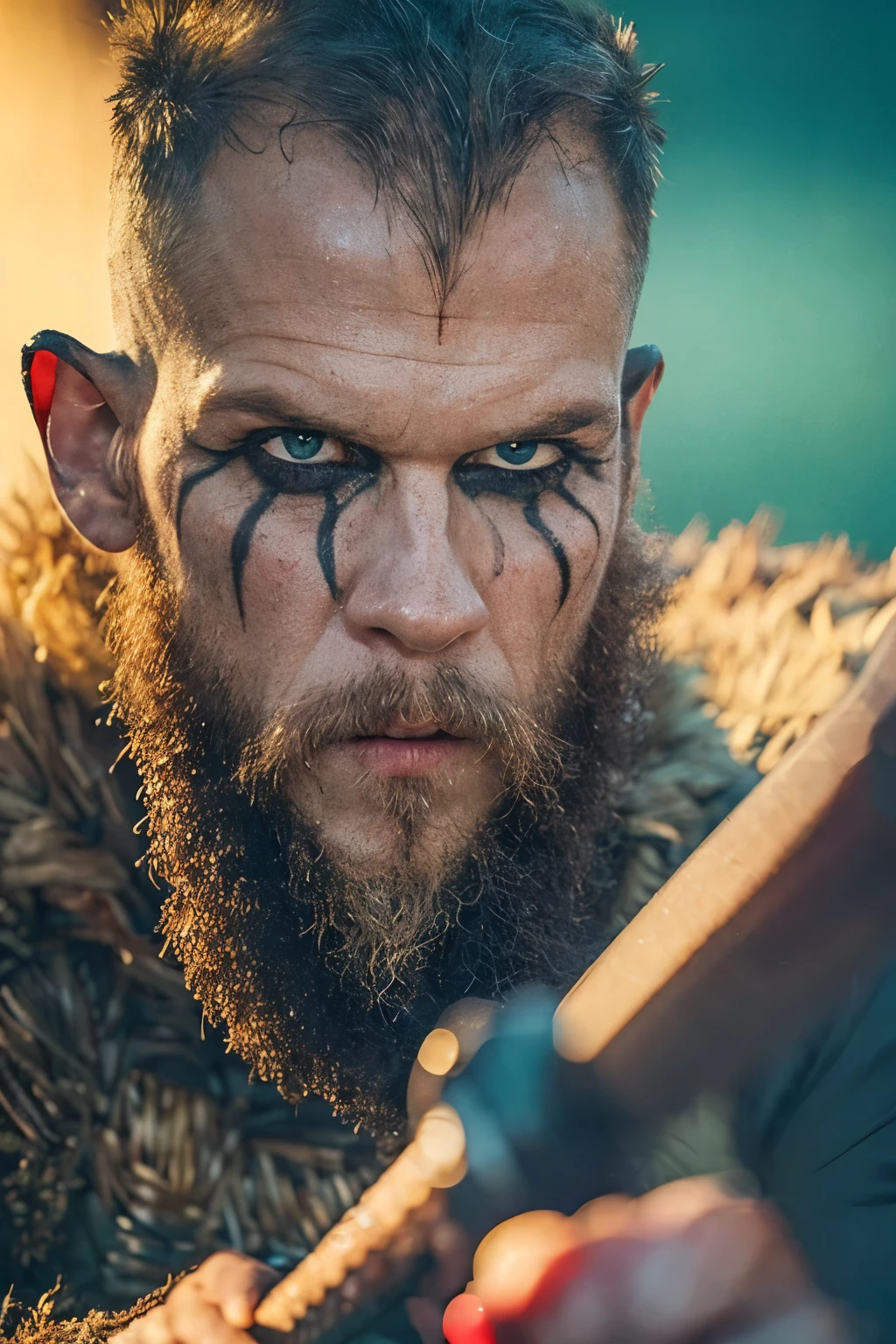 Hyper realistic, ultra detailed, cinematic posterof Floki a viking warrior, old man, 50 years old, black makeup on eyes, beard, action, in dynamic combat pose, holding axe on hand, ultra realistic, skin texture, cinematic lighting. Cinematic thunder background.