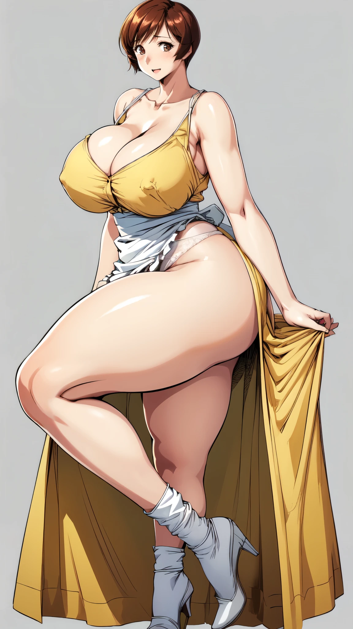 masterpiece, Highest quality, High resolution, One girl, alone, sexual intercourse, Pornographic images, short hair, etsukoto, Brown eyes, fine grain, fine grain, (((white skin color))), (((Thick thighs, Plump thighs, Voluptuous thighs, Thighs alone are enough))), ((Huge and enough breasts, Cleavage, Big long breasts)), Naughty big,((Big breasts are important))、((Naughty thighs)), L Cup, (thin:1.4),(Tight waist:1.4), (Yellow Dress:1.4), ((white waist apron)), ((White panties)), (((Simple Background))), smile, Open your mouth, ((Wide Hips)), (Shiny skin, Oily skin), Mature mother, Calf, Seductive mature woman, Mature Woman, Perfect body, Plus Size Model, Curvy, enough, etsukoto, blush, clavicle, retro artstyle, 1990s (style), (Thick thighs:1.4), ((bursting breasts, Overflowing breast, Super huge breasts)), (from side:1.2), (((((bare legs, showing legs))))), (nsfw),