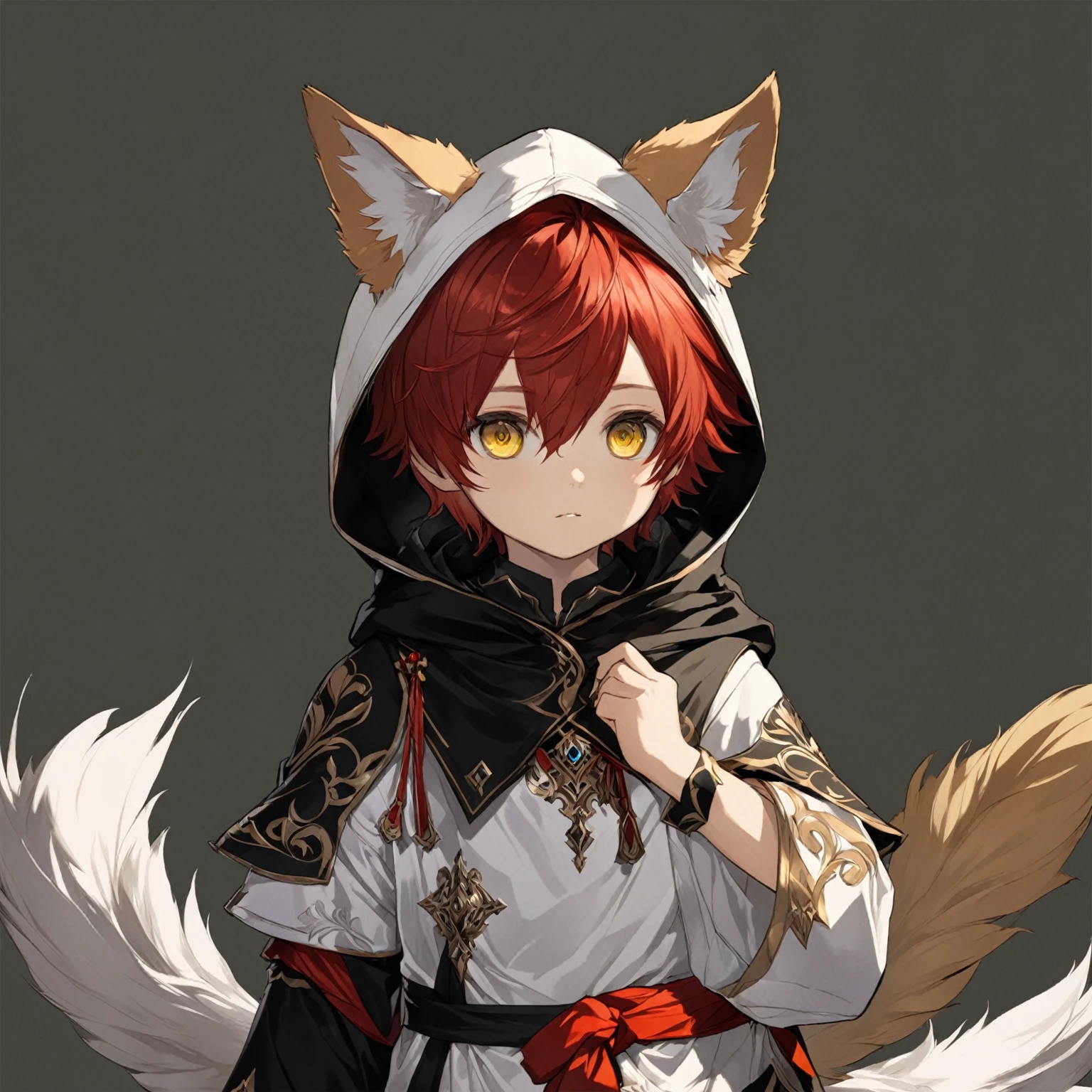 masterpiece, best quality, good quality, Highly detailed, shadowverse style, male, , red hair, short hair, boy, childlow eyes, cute, dog ear, hooded, white and black main color, modern aesthethic