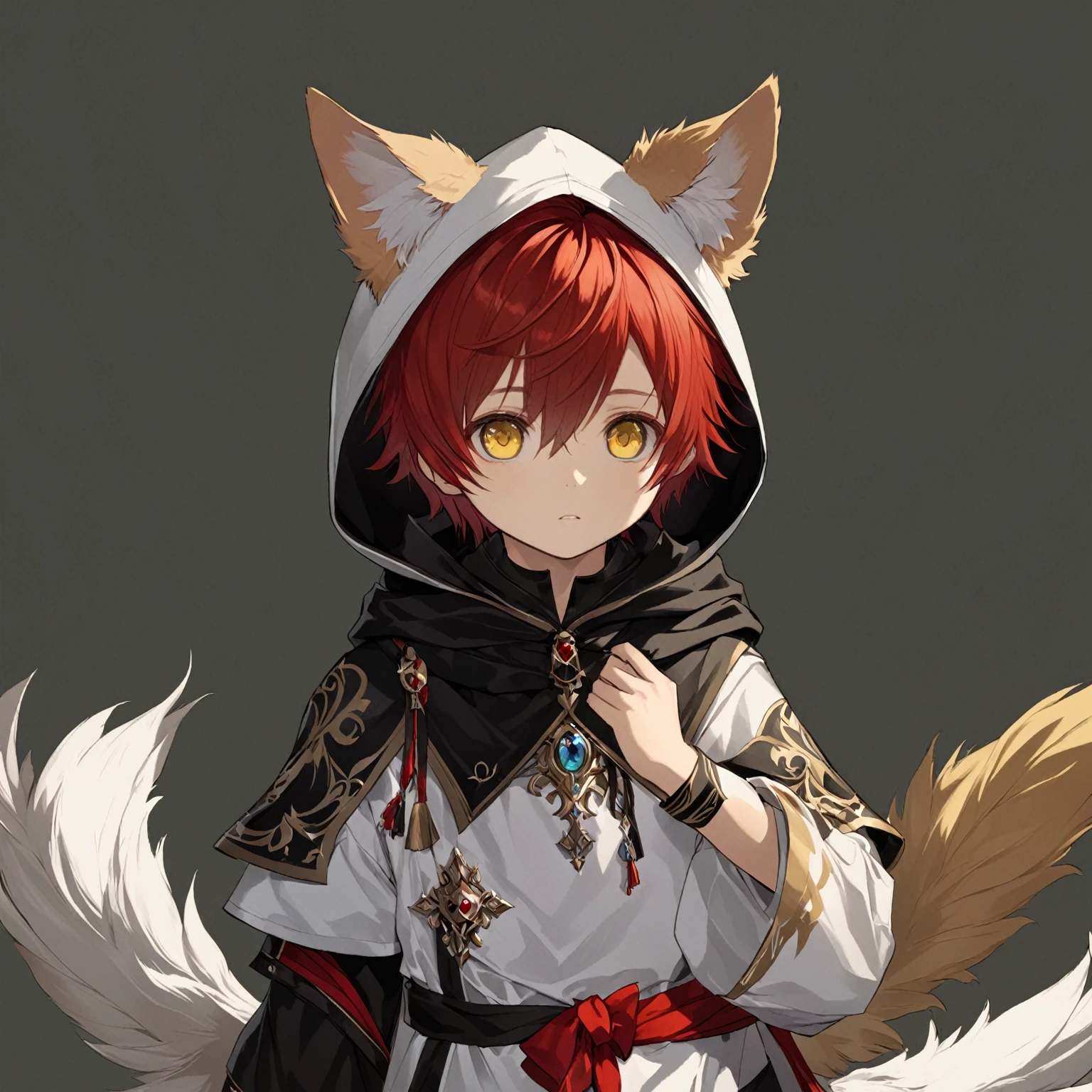 masterpiece, best quality, good quality, Highly detailed, shadowverse style, male, child, red hair, short hair, boy, child, yellow eyes, cute, dog ear, hooded, white and black main color, modern aesthethic