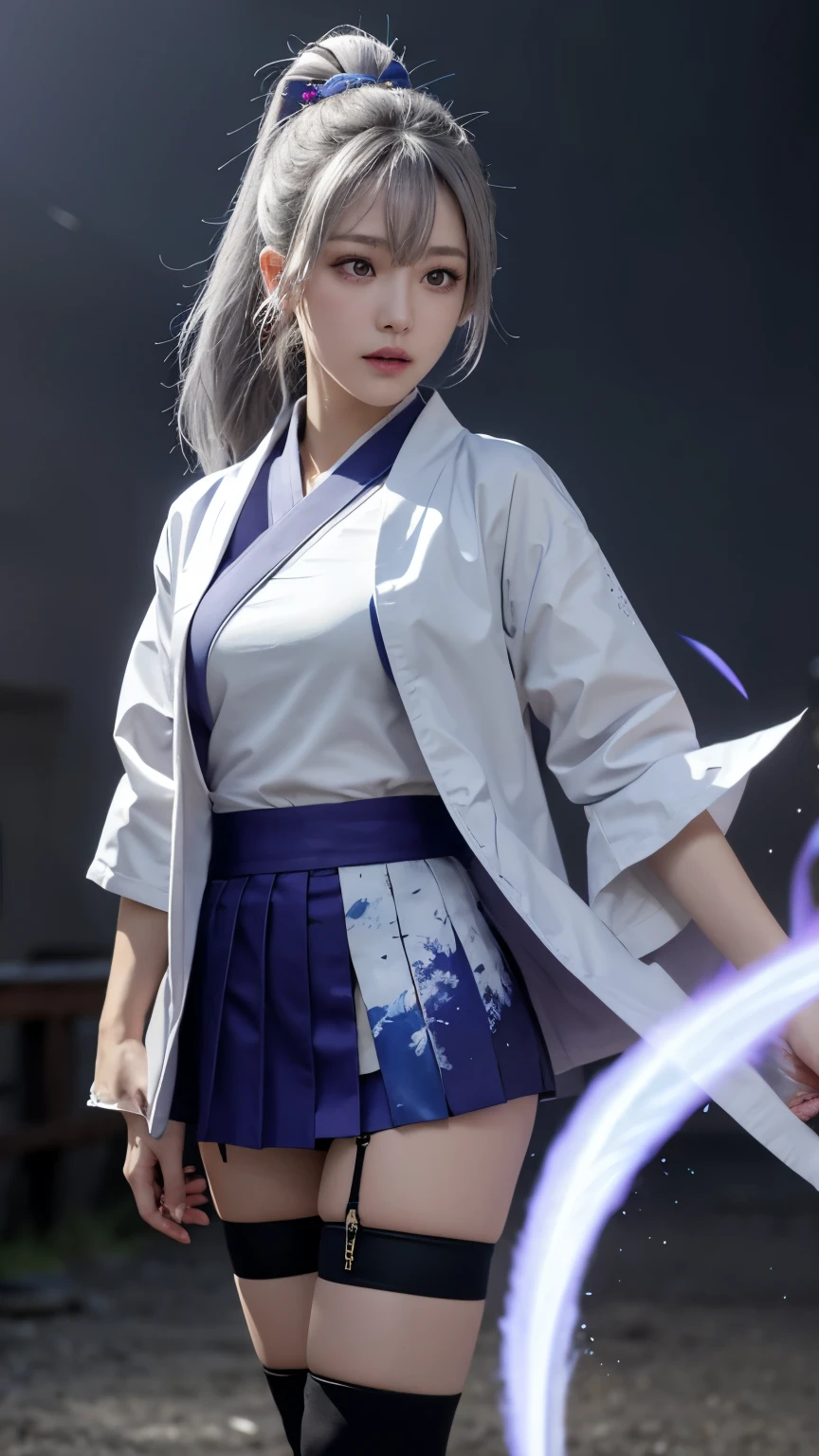 One girl, kimono, ponytail ,Gray Hair, Purple eyes, magic circle, Blue Fire, Blue Flame, wallpaper, landscape, Blood, Blood splatter, Depth of written boundary, night, Particles of light, light, Side light, Thighs, destiny \(series\), Genshin Impact, ****, Open jacket, skirt, Knee socks, cloud