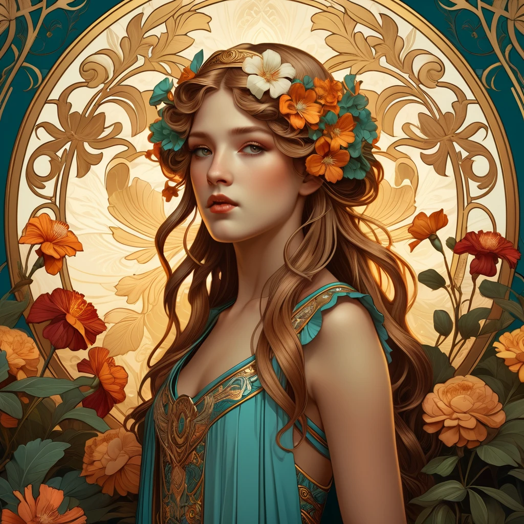old (Masterpiece, Best Quality, Highres:1.2) Art Nouveau Style Beautiful Woman with Long Hair Shaped as Flowers in the Style of Alphonse Mucha, portrait of a beautiful cute, very beautiful, standing artistically, realistic natural, professional light distribution, very artistic lighting gradation, artistic detail, highly detailed, centered, Nymph-pattern vintage wallpaper with dramatic backlighting casting deep shadows, featuring a meticulously crafted illustration inspired by Dan Mumford and Alphonse Mucha, hyper-realistic and photorealistic textures, extremely detailed with intricate floral and foliage elements, octane rendered in 8K (extremely detailed 8k wallpaper), Golden ratio, hidden ancient Greek symbols (, Spiral), balanced design, color harmony, Vernis Martin, golden, ancient mythology, artistically twisted edges, reminiscent of old-world craftsmanship with a contemporary edge, volumetric lighting, ultra fine details, floral, .Roman clothing. She wears a dress with thin straps, Roman dress, Open Chest and elegant embroidery, Oriental accessories.
