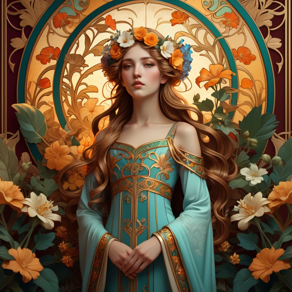 old (Masterpiece, Best Quality, Highres:1.2) Art Nouveau Style Beautiful Woman with Long Hair Shaped as Flowers in the Style of Alphonse Mucha, portrait of a beautiful cute, very beautiful, standing artistically, realistic natural, professional light distribution, very artistic lighting gradation, artistic detail, highly detailed, centered, Nymph-pattern vintage wallpaper with dramatic backlighting casting deep shadows, featuring a meticulously crafted illustration inspired by Dan Mumford and Alphonse Mucha, hyper-realistic and photorealistic textures, extremely detailed with intricate floral and foliage elements, octane rendered in 8K (extremely detailed 8k wallpaper), Golden ratio, hidden ancient Greek symbols (, Spiral), balanced design, color harmony, Vernis Martin, golden, ancient mythology, artistically twisted edges, reminiscent of old-world craftsmanship with a contemporary edge, volumetric lighting, ultra fine details, floral, .Roman clothing. She wears a dress with thin straps, Roman dress, Open Chest and elegant embroidery, Oriental accessories.