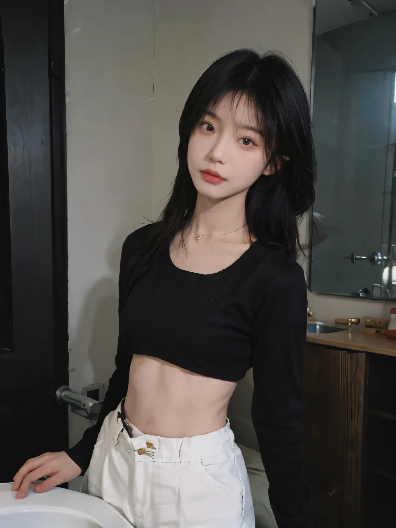 best qualtiy， Ultra-high resolution， （realisticlying：1.4），cute hairpin，1girll，Cropped black sweater ，head straight-looking at viewer，Full of atmosphere，Beautiful woman with a slim figure:1.4, abs:1.1, bathroom,Ultra-fine face，Elaborate Eyes，double eyelid，choker necklace