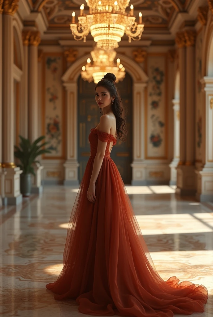 Photorealistic image, a beautiful lady wearing an elegant off-shoulder evening gown, standing in a luxurious ballroom with a grand chandelier, high ceilings, and marble floors, soft golden lighting, warm colors, classic art style, inspired by Renaissance paintings, camera: DSLR, shot: medium shot, lens: 50mm, aperture: f/1.8, render: highly detailed, 8k resolution, masterpiece.