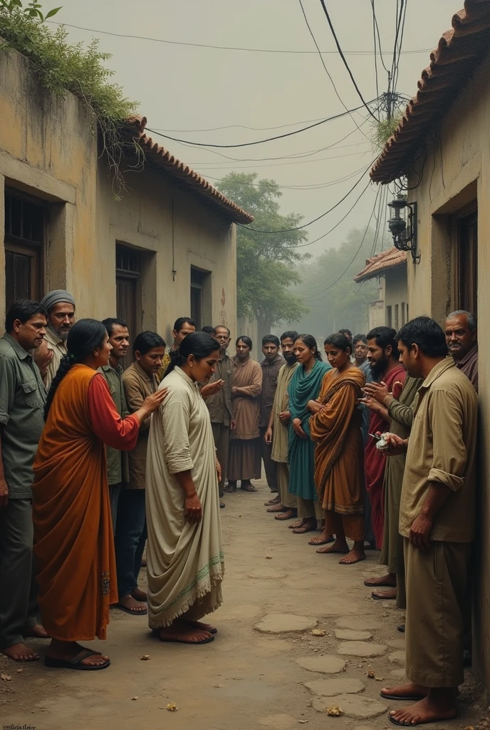 Village Mourning: Show the village coming together to comfort Lila after Meera’s death. Villagers gather outside her cottage, offering their support, but Lila remains isolated in her grief, standing apart from them, lost in her pain.