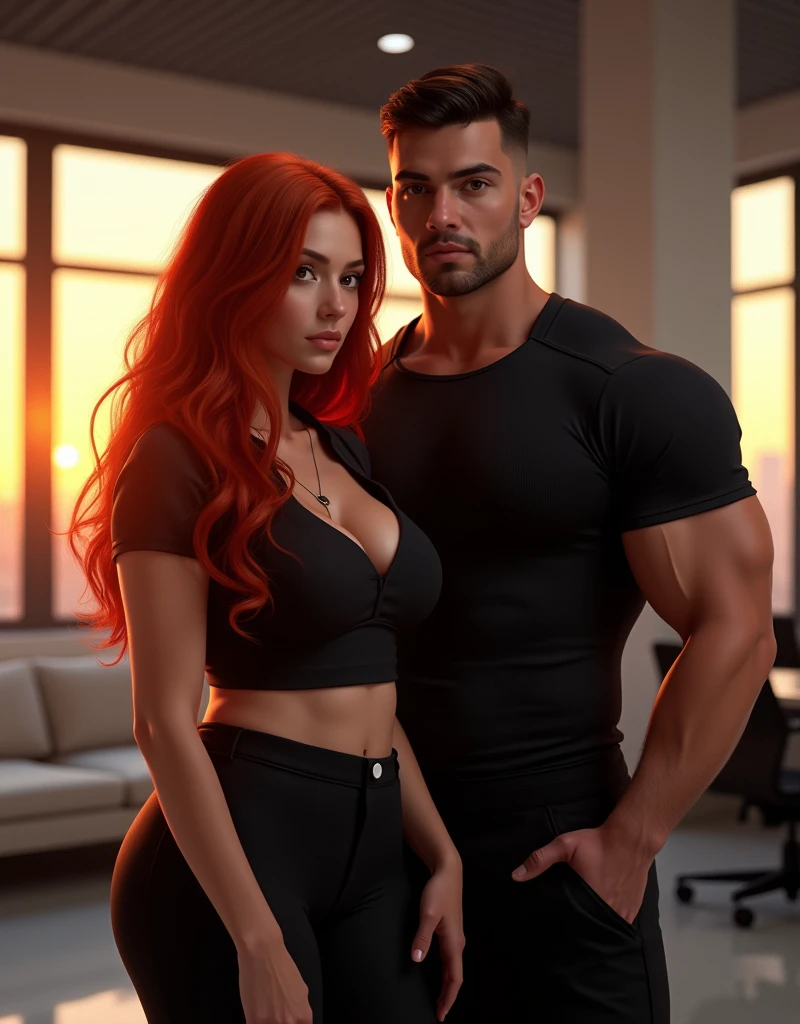 photo. standing straight look ahead. front view. real photo of a girl next door with long red hair (ultra realistic 1.4k) , model girl with juicy figure and big breasts, Black uniform , sexy top . A
muscular men near to the girl in a black uniform, black pantaloon. loft office on the sunset. (real image) realistic photo. ultra-realistic, photography, photo RAW,