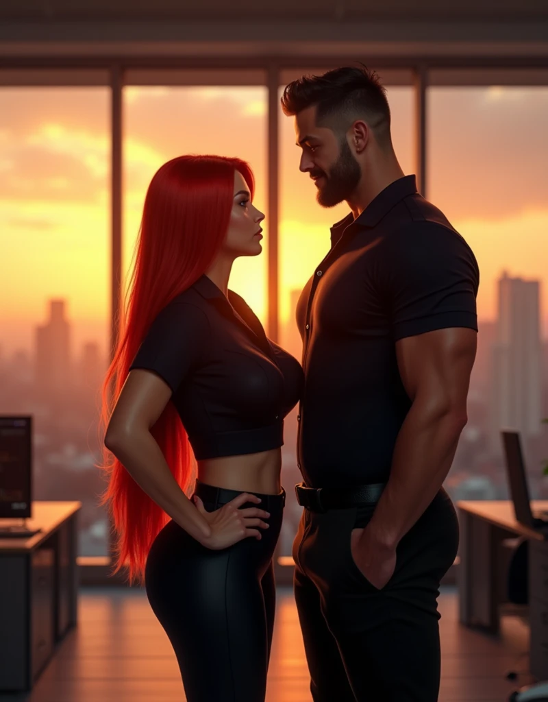 photo. standing straight look ahead. front view. real photo of a  girl next door with long red hair (ultra realistic 1.4k) , model girl with juicy figure and big breasts, Black uniform , sexy top . A 
muscular men near to the girl in a black uniform, black pantaloon. loft office on the sunset.  (real image)  realistic photo.  ultra-realistic,  photography, photo RAW,