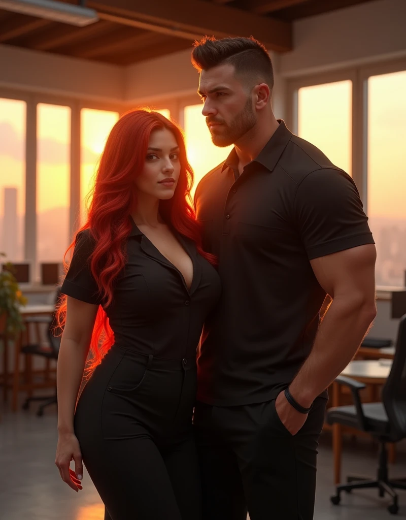 photo. standing straight look ahead. front view. real photo of a girl next door with long red hair (ultra realistic 1.4k) , model girl with juicy figure and big breasts, Black uniform , sexy top . A
muscular men near to the girl in a black uniform, black pantaloon. loft office on the sunset. (real image) realistic photo. ultra-realistic, photography, photo RAW,