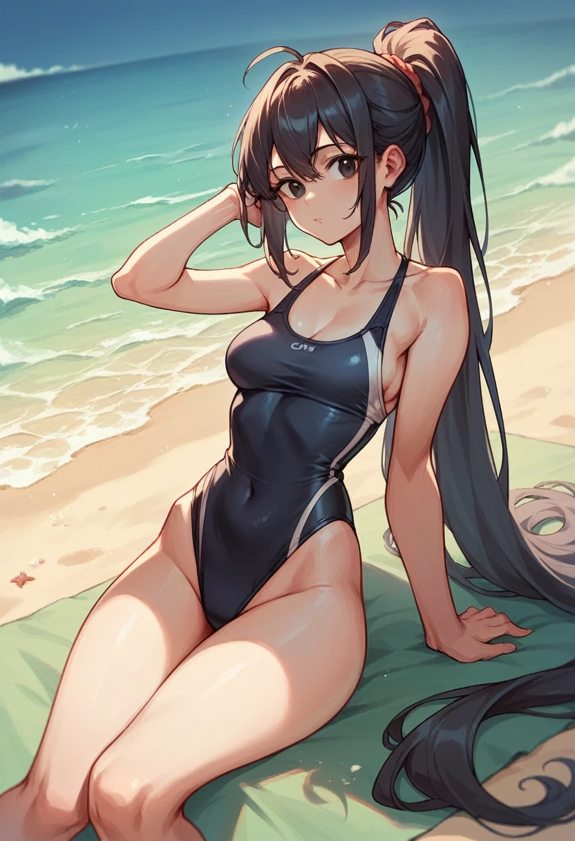 Anime girl in the beach with black long ponytail hair and black eyes and cute swimsuit 