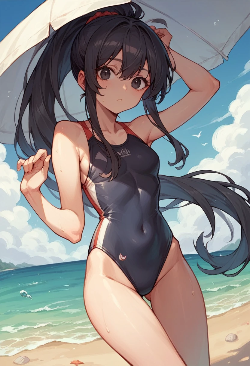 Anime girl in the beach with black long ponytail hair and black eyes and cute swimsuit 