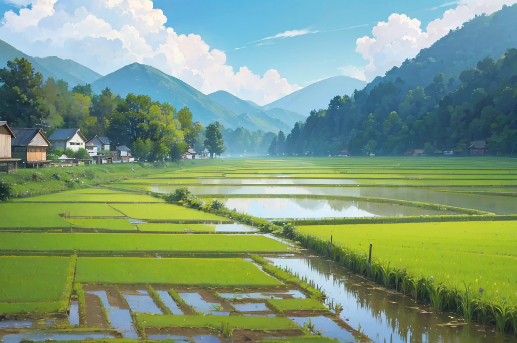 a view of the village from the roadside, with rice paddies and roadside fences