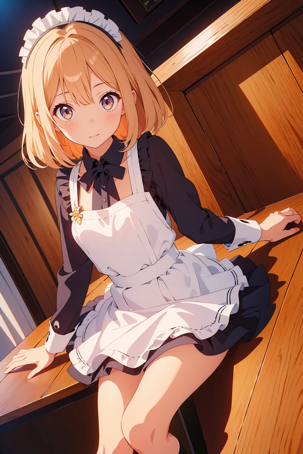 (Highest quality,Tabletop:1.2),(Anime Style,Comic Core:1.1),One Girl,Cute Style,Adorable,Highly detailed eyes,Highly detailed face,Very fine hair,About Hipdar,8k,solve,maid,maid服,mini skirt,squat,