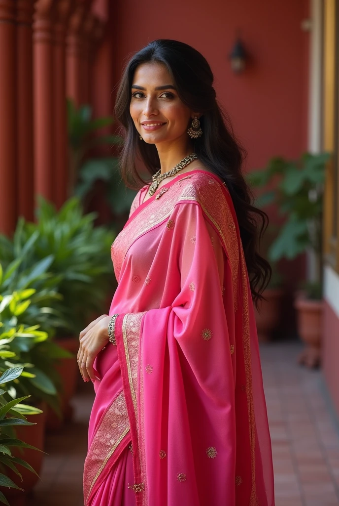 An indian woman, in pink saree no ghumta beautiful background 