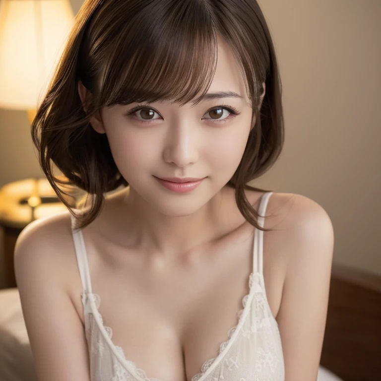 (masterpiece:1.3), (8k, Photoreal, Raw photo, best image quality: 1.4), Japanese high school girl、(random hairstyle:1.2)、cleavage:1.5、In a luxury hotel、At a luxury villa overseas、super detail face、eye for details、double eyelid、chest to chest、sharp focus:1.2、Beautiful woman:1.4、light brown hair、highest quality、masterpiece、Super high resolution、(Photoreal:1.4)、Highly detailed and professionally lit smiles、loose and light nightgown、shoulder out、thin、serious expression、short haired、deadly position、(Big Breasts:1.2)、キスをせがむ顔、