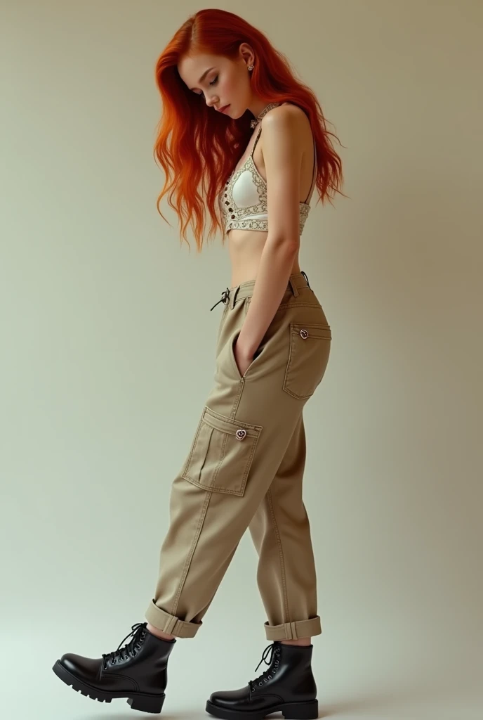 (masterpiece), (highly detailed) A 5'6" woman with  long red hair is wearing beige cargo pants and a Y2K-style, sexy lace-up halter top with heart ring details. She has black leather ankle boots on her feet and is turned away, looking down at her boots.