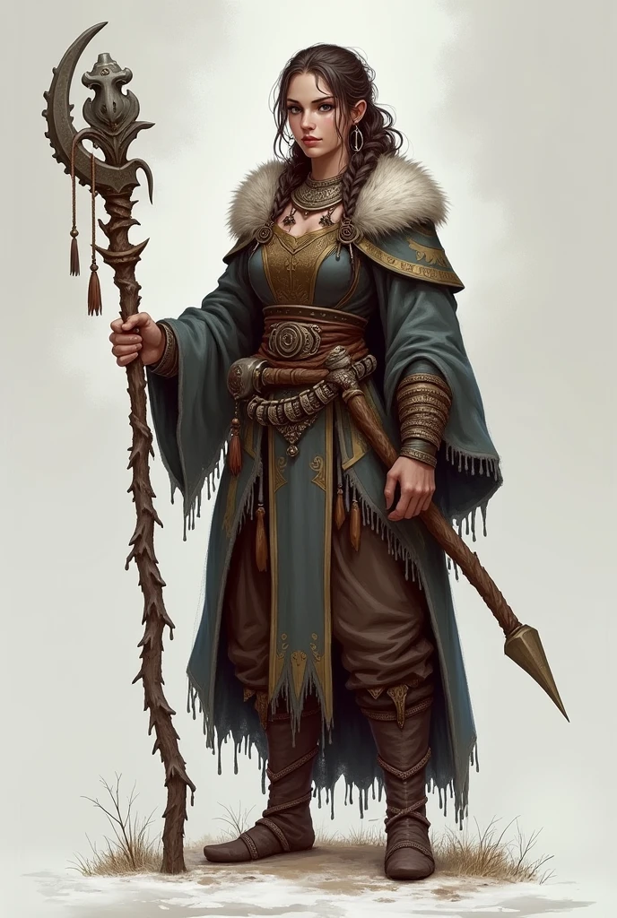 ((masterpiece)) Develop a layout of a game character's showcase, (masterpiece, Best quality) detailed, ((masterpiece)),(((Best quality))), character design, The main character in the Scandinavian Nordic theme. shaman, woman. interesting weapon, next to the character is a guardian spirit, shaman, unusual staff, dynamic pose, Details of the image. Interesting, full length, персонаж shaman, the spirit is near, the whole character, full length