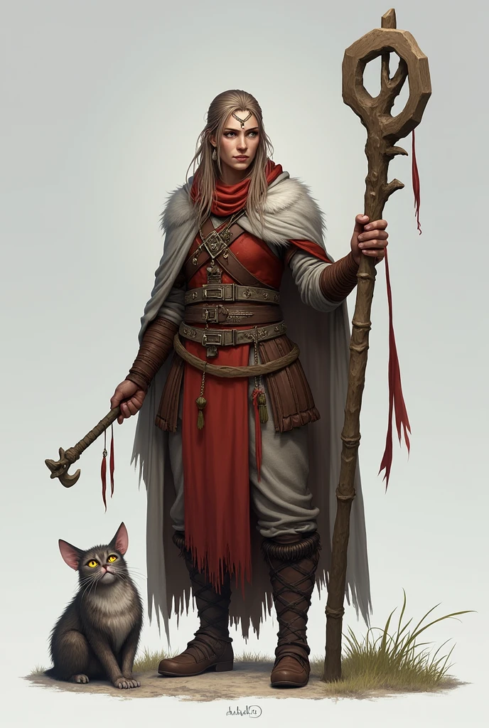 ((masterpiece)) Develop a layout of a game character's showcase, (masterpiece, Best quality) detailed, ((masterpiece)),(((Best quality))), character design, The main character in the Scandinavian Nordic theme. shaman, woman. interesting weapon, next to the character is a guardian spirit, shaman, unusual staff, dynamic pose, Details of the image. Interesting, full length, персонаж shaman, the spirit is near, the whole character, full length