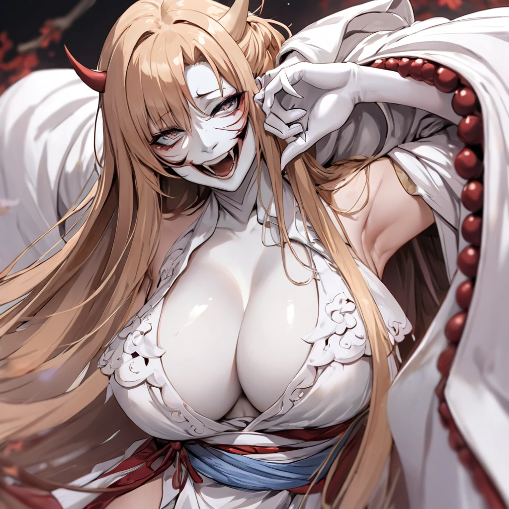 ((Highest quality)), ((masterpiece)), (detailed), (Perfect Face)、The woman in the Hannya costume is Yuuki Asuna, with light brown, semi-long hair and a Hannya mask covering her entire face, and her whole body is pure white skin.、The woman is in the state of Hannya in both body and mind, and her face is completely Hannya.、The woman is wearing a sexy, alluring, and provocative outfit, adorned with accessories.