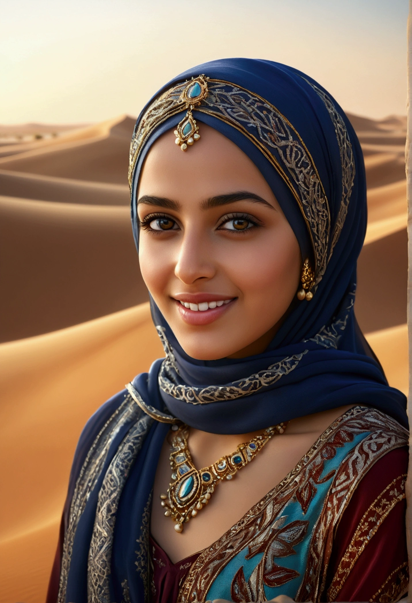(Highest quality,4K,8k,High resolution,masterpiece:1.2),Very detailed,(Realistic,photoRealistic,photo-Realistic:1.37),Arab girl in arabic dress,Bright and bright pattern,Expressive eyes and a seductive smile,traditional scarves and jewelry,Flowing and intricate designs on dresses and hijabs,Intricate embroidery and beadwork,graceful posture and confident demeanor,Against the backdrop of a dreamy desert landscape,The sunlight casts a warm glow on the scene,Artistic and colorful depictions,Portraiture,Rich, earthy color palette,Lens flare effect,Beautiful sand dunes in the distance,intertwined cultures and traditions,Fusion of modern and traditional,A modern take on Arab fashion,Celebrating diversity and beauty,sophisticated and elegant style,Attention to cultural detail