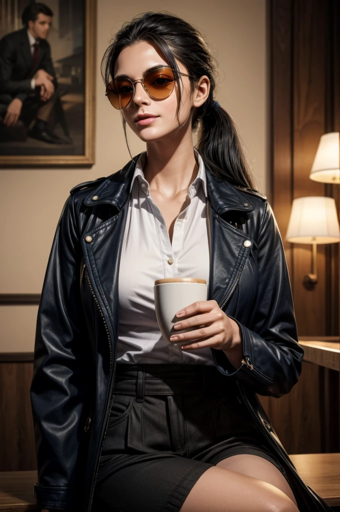 masterpiece, best quality, extremely detailed, hyperrealistic:1.1, photorealistic, a beautiful 20s russian model, ultra detailed face:1.1, sunglasses on head:1.1, navy trench coat, shorts, high pony tail, black hair, in luxurious cafe, in the midnight:1.1, sitting at table with a coffee cup:1.2, perfect hands, perfect fingers, warm smile:1.1, shrugging her shoulders