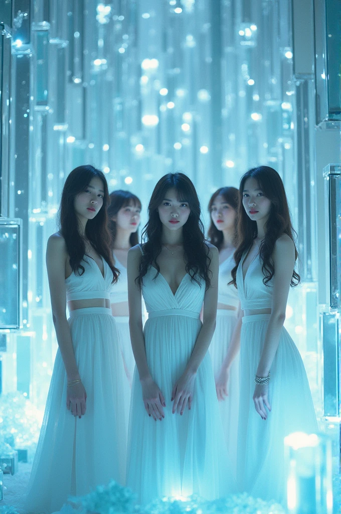 I'm taking photos for a new concept album. Create a concept photo of a girl group in a room full of glass and crystals