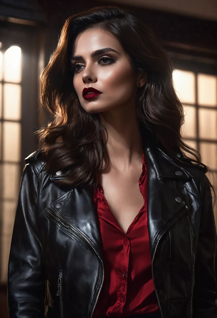 1 woman, inside a dark and gloomy house, wearing a blouse with a black leather jacket over it, detailed facial features, female brown eyes, detailed dark brown skin, long brown hair, red lipstick, dramatic lighting, cinematic composition, dark palette, dark colors, atmospheric haze, thin chin, serious face, beautiful woman, adult woman, ultra realistic, profile picture, gorgeous, surreal beauty, 25 years old, (best quality, 4K, 8K, high resolution, artwork : 1.2), ultra detailed (realistic, photorealistic, photorealistic : 1.37)