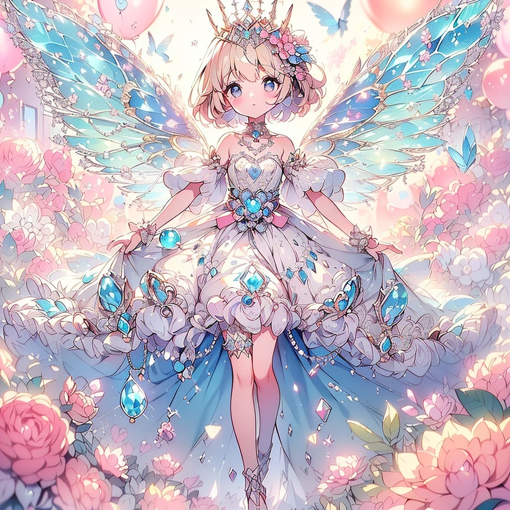 (Exquisite, beautiful, Very detailed, masterpiece, high quality, High resolution),(Soft and thin lines: 1.2, Beautiful and delicate face, Pixiv-inspired anime illustration,Illustration style printed on nijijourney, A cute illustration style of a beautiful girl in pastel colors that is going viral among Japanese people on Twitter),Photograph so that the whole body is visible, (A fairy princess with diamond fairy wings growing from her back is walking down a diamond road:1.2), From a little distance,Diamond Crystal, (Diamond tiara, Diamond Earrings, Diamond Necklaces,Diamond Bracelet,Diamond Rings,), ((A gorgeous ball gown dress with lots of diamond-motif frills.:1.1, Balloon sleeves, Diamonds and ribbons and lace and frills, 背中からbeautifulダイヤモンドでできた妖精の羽:1.5)), (Pale pink blush Plump pink lips,Fair skin, Good style),Interesting angle