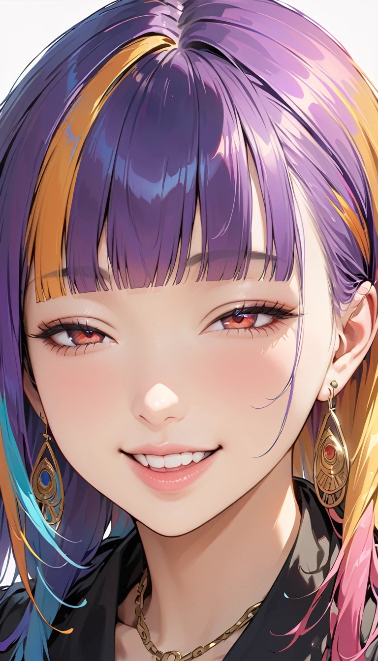 (8k、Highest quality、masterpiece:1.2)、Very detailed、Super Resolution、Realistic、pastel colour、Rainbow Hair、Earrings、eyelash、Grin、Anime Style、One girl、(Rainbow Hair:1.5)、((Blunt bangs:1.5)),Red eyes、Lips pink、lip、compensate, necklace,、Goth、smile,、Half-closed eyes、 (Face Focus:1.3,Upper Body)、(Holopunk Style:1.3)、(Clear Face:1.3)、Cute Face、Simple Background