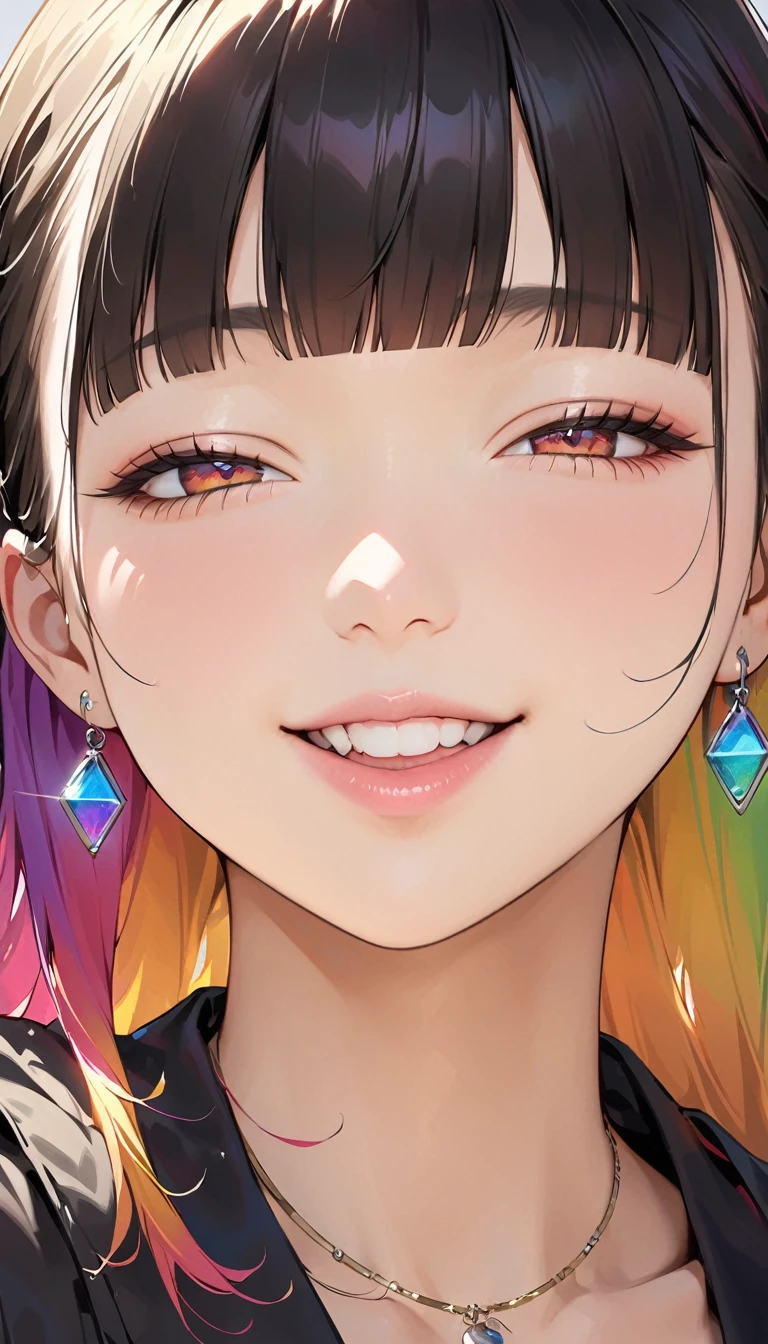 (8k、Highest quality、masterpiece:1.2)、Very detailed、Super Resolution、Realistic、pastel colour、Rainbow Hair、Earrings、eyelash、Grin、Anime Style、One girl、(Rainbow Hair:1.5)、((Blunt bangs:1.5)),Red eyes、Lips pink、lip、compensate, necklace,、Goth、smile,、Half-closed eyes、 (Face Focus:1.3,Upper Body)、(Holopunk Style:1.3)、(Clear Face:1.3)、Cute Face、Simple Background