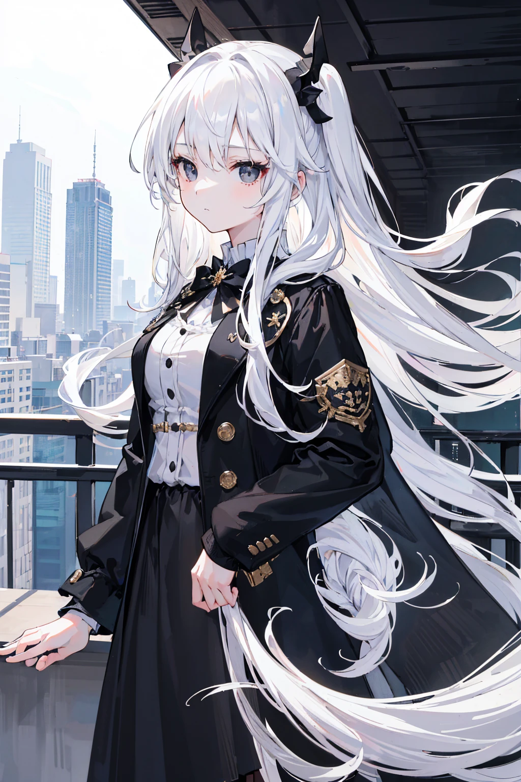 close-up, masterpiece, best quality, high details, (((a girl))), ((white long hair:1.2)), (black eyes:1.3), closed mouth, expressionless, Anime girl wearing Black jacket, white dress, Standing on the balcony