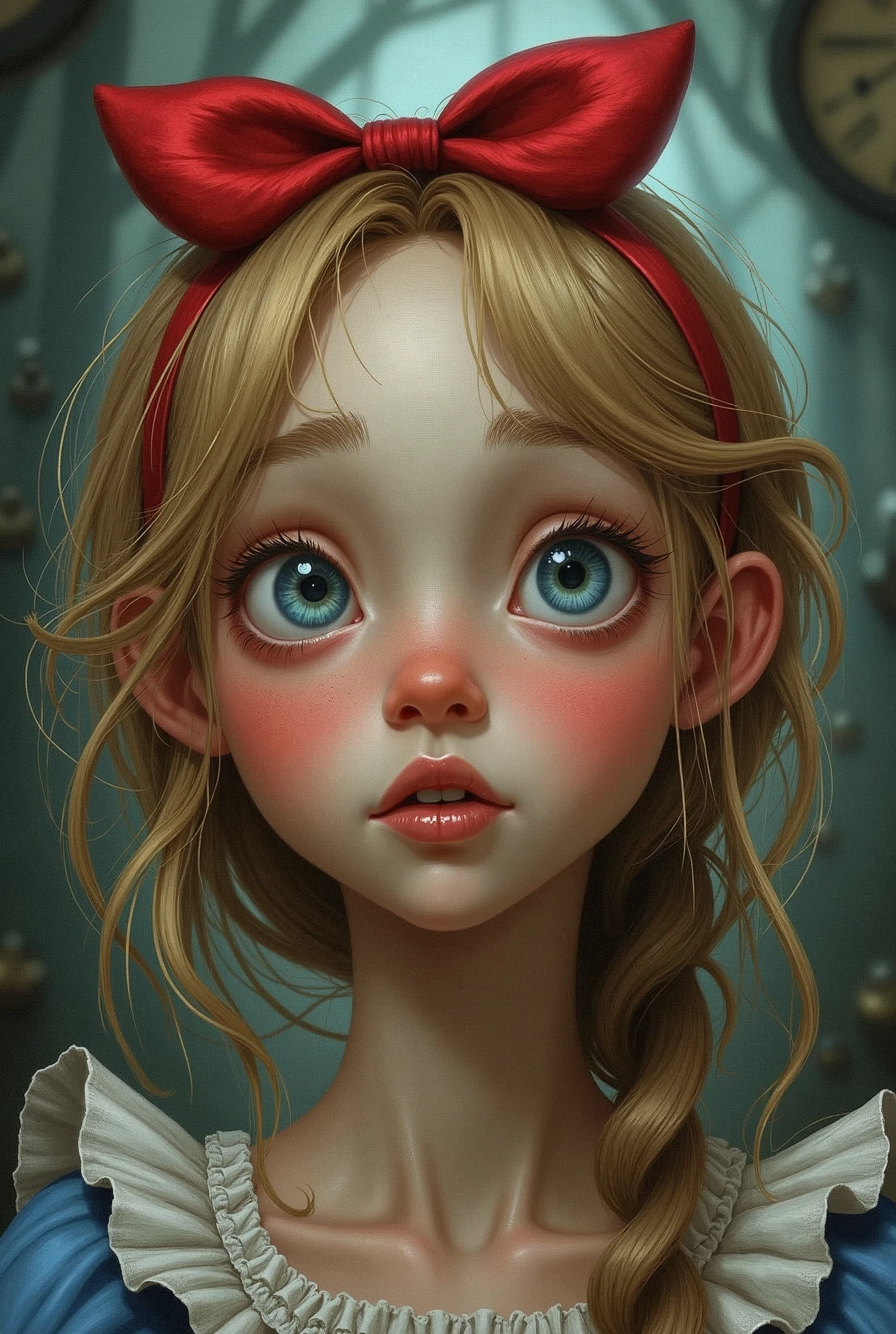 Draw a full-body portrait of Alice in Alice in Wonderland to capture a moment of deep contemplation. Her expression should be a mixture of curiosity and a hint of unease, as if she is deeply questioning reality and her place in it. Her large eyes should be wide open, reflecting the surreal world around her. A smiling Cheshire cat, a clock, inside the kingdom of Wonderland, etc. The lighting is soft yet dramatic, casting gentle shadows that emphasise the depth of her thoughts. Her hair could be slightly dishevelled, as if she has been on a long journey, and the iconic  red　headband could be slightly slanted to add to the sense that she is pensive. The colour palette is a mix of soft pastels and dark, introspective tones to create a balance between innocence and the complexity of her thoughts.