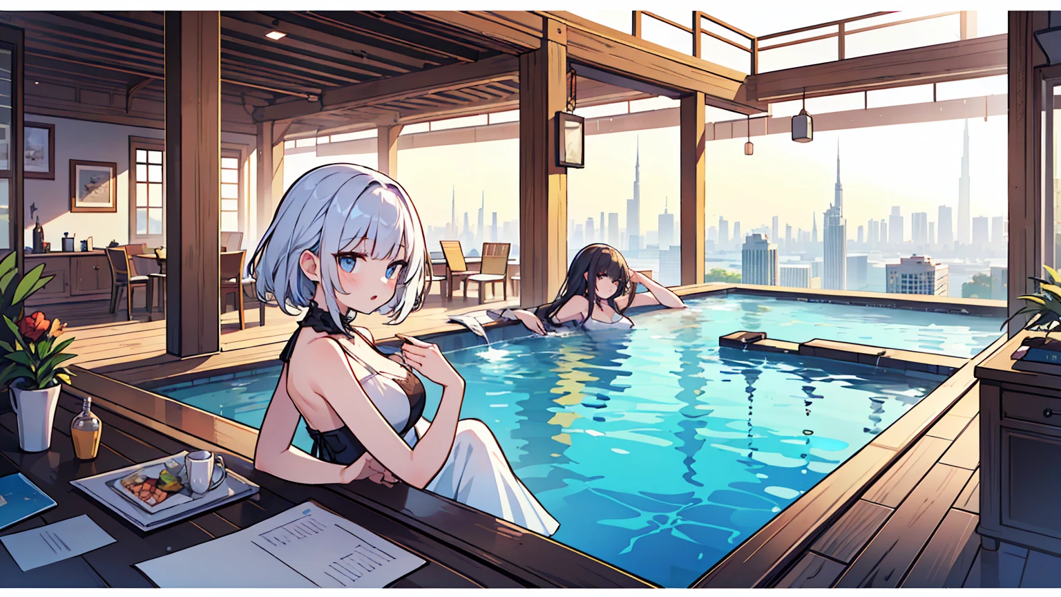 (masterpiece, best quality),2 women, different hair colors, different faces,letterboxed, perfection of fashion,chapped lips, sleeveless,dress,upper body, from the side,Infinity Pool,The horizon is reflected,Lounge Chair,marble floor,Advanced Table,Dubai Tower Transparent Infinity Pool,
 