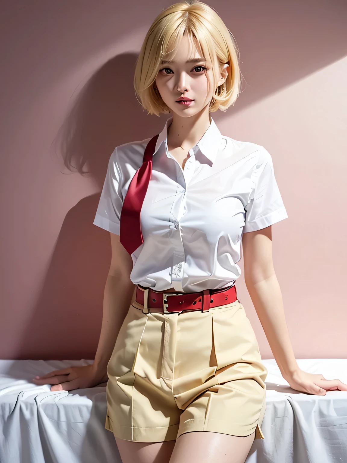 (Highest quality、8k、32K、masterpiece、Hmph:1.2)、(masterpiece, Highest quality), Realistic photos, high school girl、16 years old、Short Bob Cut、Instagram, Bright colors, High Dynamic Contrast, Slender figure、thin、Small, shapely breasts、One girl, ((Blonde)), Purple eyes, Lips parted, blush, compensate, A light smile, Red tie、White short-sleeved shirt、sexy、Red exy、Sweat, Wet, light, Shine, Tight waist, (masterpiece), Pink Wallpaper,