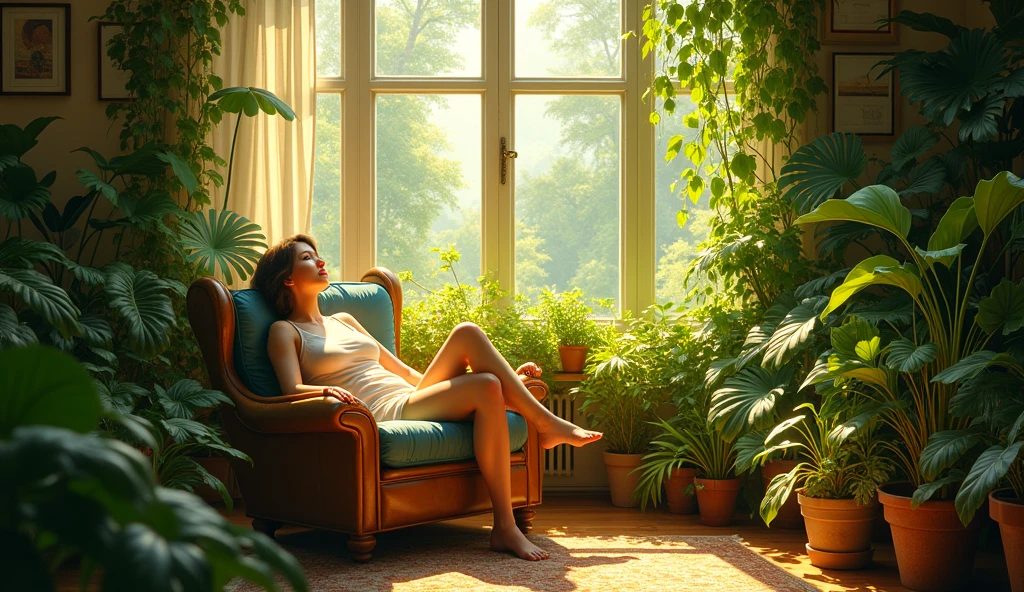  plants in background, window with sunlight, cozy room, relaxed pose, realistic, intricate details, warm colors, by Greg Rutkowski, by Alphonse Mucha