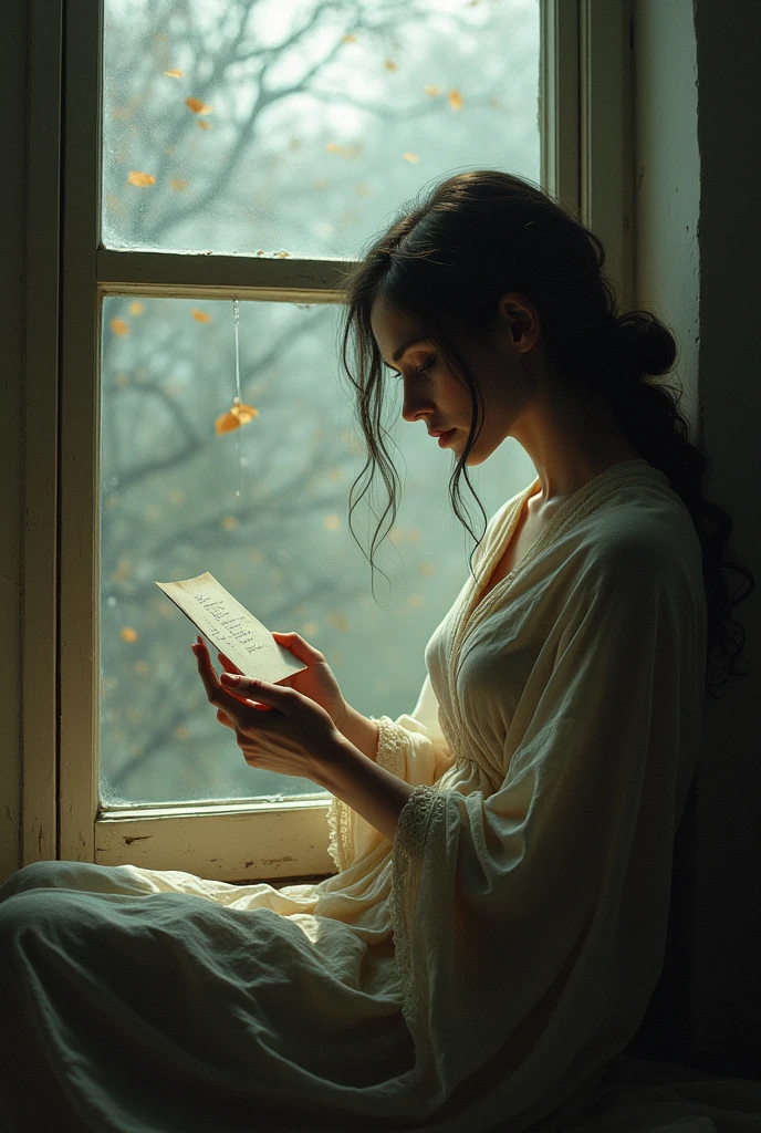 Lila by the Window: Illustrate Lila sitting by the window, clutching the photograph, her gaze distant and filled with sorrow. Outside, the seasons change, but Lila remains trapped in her grief, the passing time unnoticed.