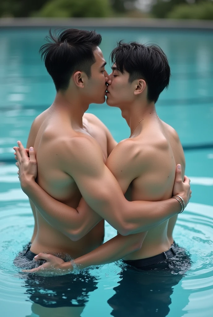 Two naked Asian men, Korean idols , kiss and hug each other , well built bodies, at the swimming pool, big bulges