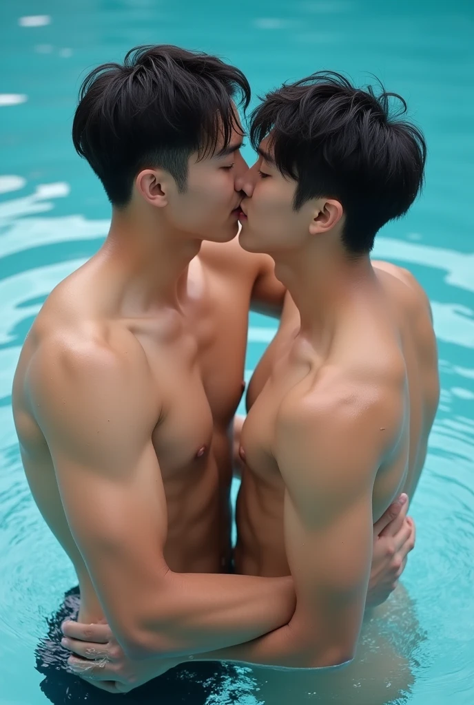 Two naked Asian men, Korean idols , kiss and hug each other , well built bodies, at the swimming pool, big bulges