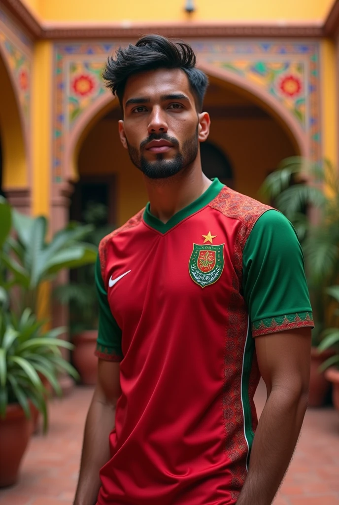 A Moroccan person who is sexually attracted to men, wearing the Moroccan national team shirt.