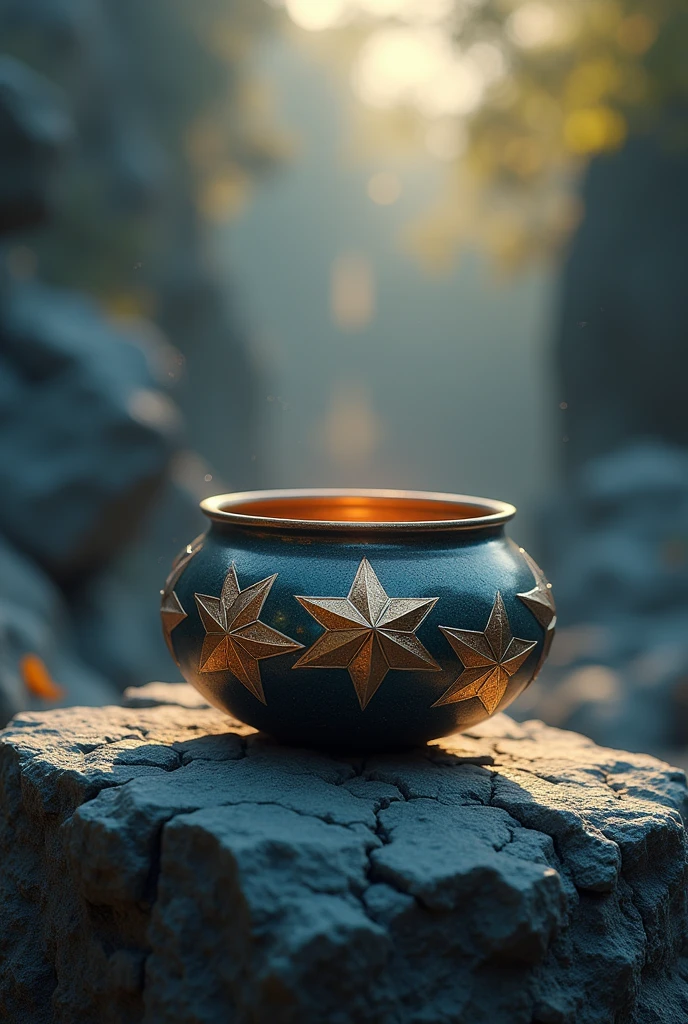 Vessel with star marks, on a stone surface. luminous background. spiritual environment. High Definition.