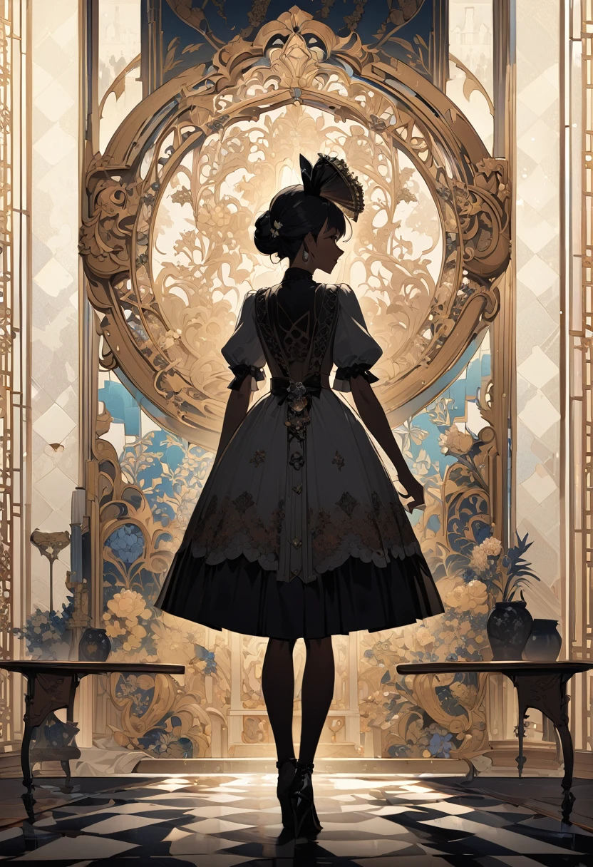 (masterpiece, best quality,ultra highres),An illustration of an european girl's silhouette with traditional french patterns and floral motifs, creating a visually stunning composition on the canvas. The background is adorned with vintage-style elements like lacework details and checkered paper textures. This design adds intricate beauty to your creative projects in the style of traditional french art.