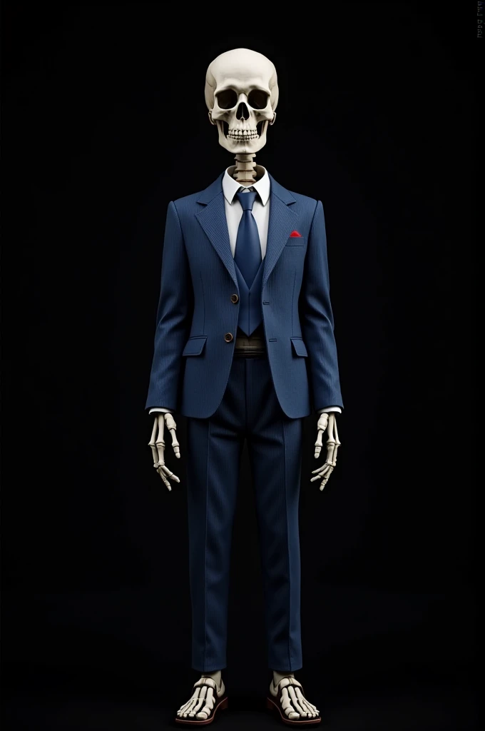 Skeleton wearing blue suit and the background is black