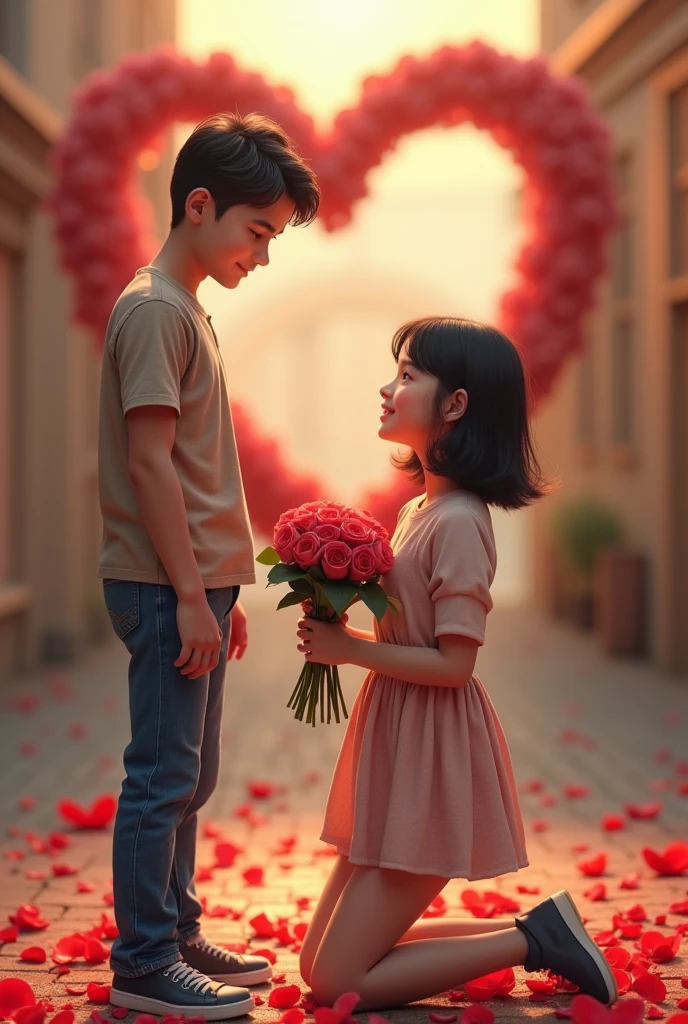 (photorealism:1.2),cute couple,boy age 21 and girl age 18,boy stand up infront of girl,girl sitting on her one knees and proposing him with a ring box and some roses in her hand,girl wearing cute short fancy frock ,and looked at his face,both are looked each other,boy wear half sleeve shirt,and Levis jeans and shoes ,on boy face some smile,girl hair is short shoulder length,boy and girl skin colour is fair,in background written with roses - will you marry me Aadi ,it is a proposal scene, looking so real,girl proposes boy

