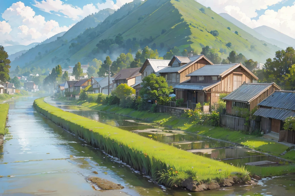 view of the village from the roadside, there are houses, rice fields and fences bordering the road and a small river