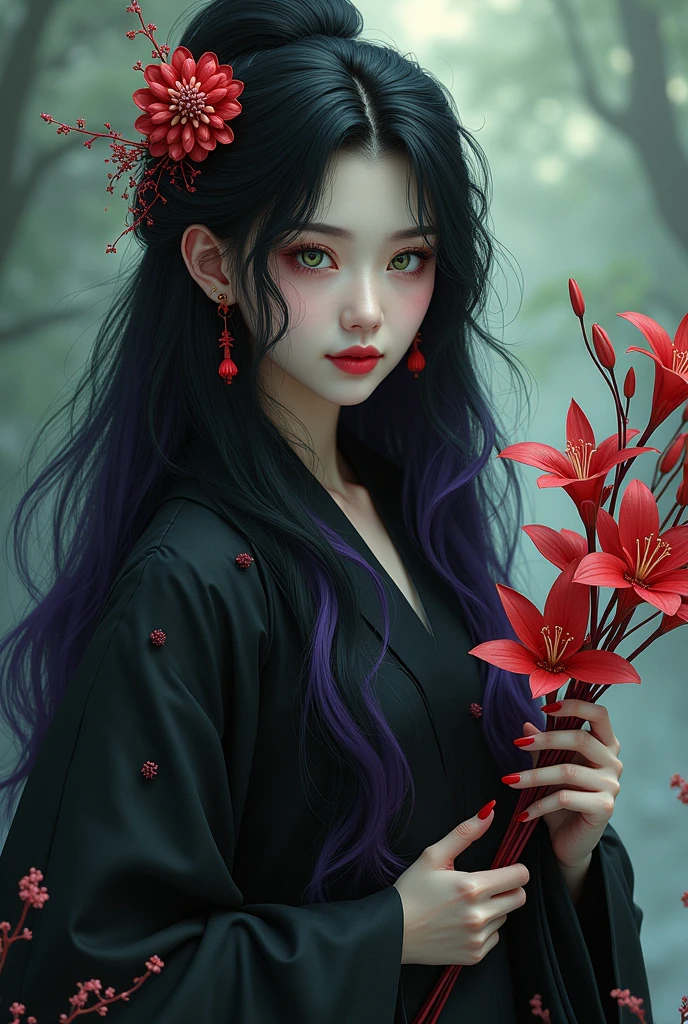 Long, black hair with a purple gradation at the ends。Her long hair, coiled like a snake on the ground, is adorned with a chrysanthemum hair ornament.。Long, cool, deep green eyes。A captivating Japanese beauty with a serpentine face, smiling alluringly.。She has an air of elegance, nobility, mystery, and something terrifying and eerie.。She is clad in a black Shinto priestess attire, holding a cluster of red spider lilies (higanbana).。
She is a sorcerer who uses the outer world and is skilled in the art of poisoning.。He always keeps several poisonous snakes in his shadows and can summon snakes to serve him in times of emergency.。
She is the heir to a clan that worships the Yamata no Orochi as their tutelary deity。She may appear young, but she has been reincarnated for over a thousand years, making her far more cunning and sly than her appearance suggests.。